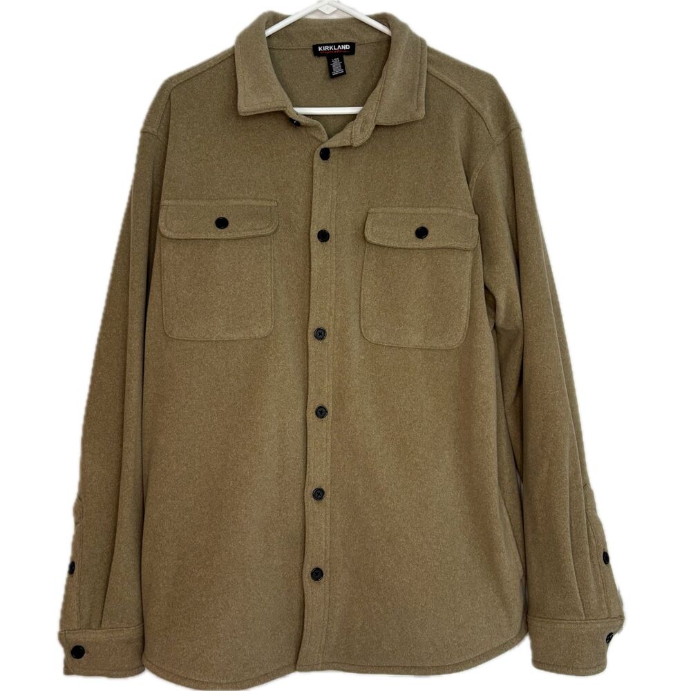 Kirkland Signature Men's L Tan Brown Shirt Jacket Button Down Soft Plush Fleece